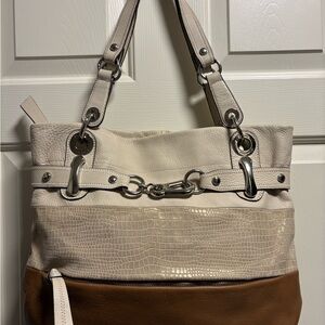 B. Makowsky Cream, Gold and Brown Leather Satchel